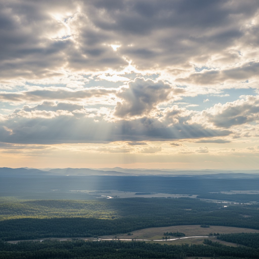 A vast, sun-drenched landscape featuring mountains, forests, and fields, with sunbeams piercing through a cloudy sky.