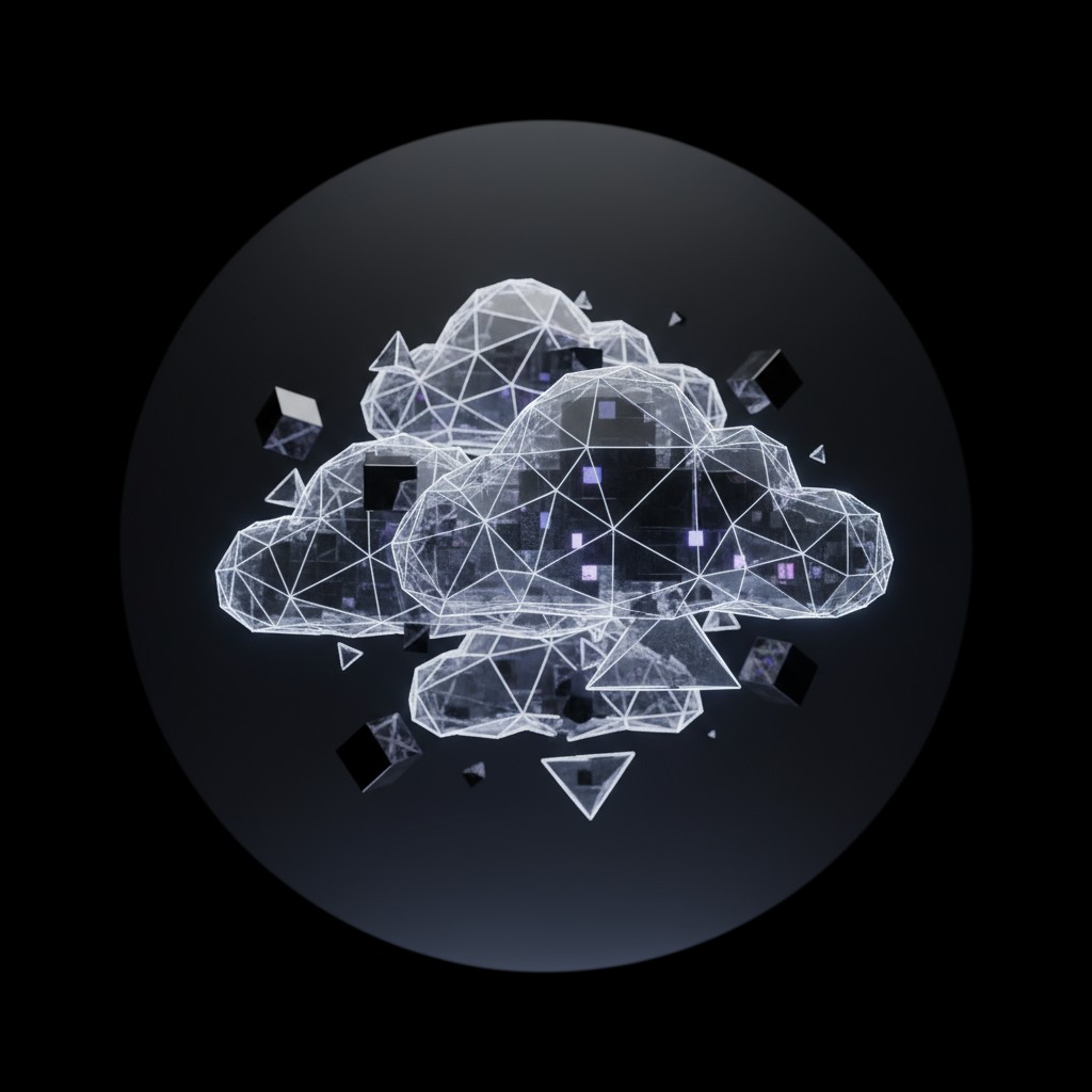 Technologically abstract digital flock of dark geodesic triangles on a dark green circle in a dark square background, incl...