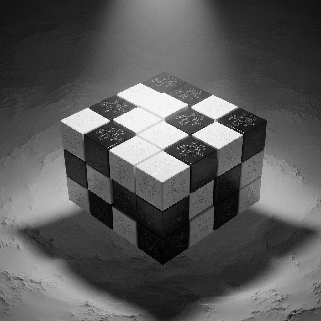 The image depicts a 3D rendering of a Rubik's Cube, presented in a dynamic perspective with a spotlit top, floating above ...
