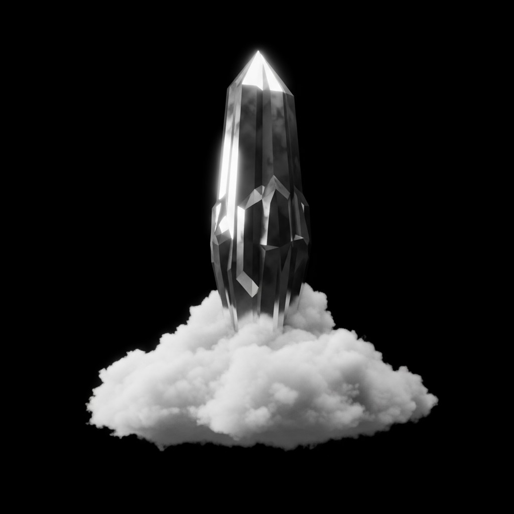 "A monochrome image of a crystal rocket emerging from a cloud."
