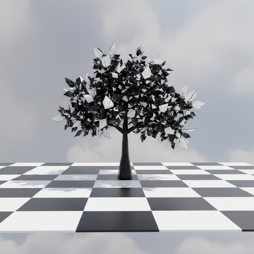 A futuristic black and white tree with abstract geometric leaves matures on top of a transparent chessboard, set against a...