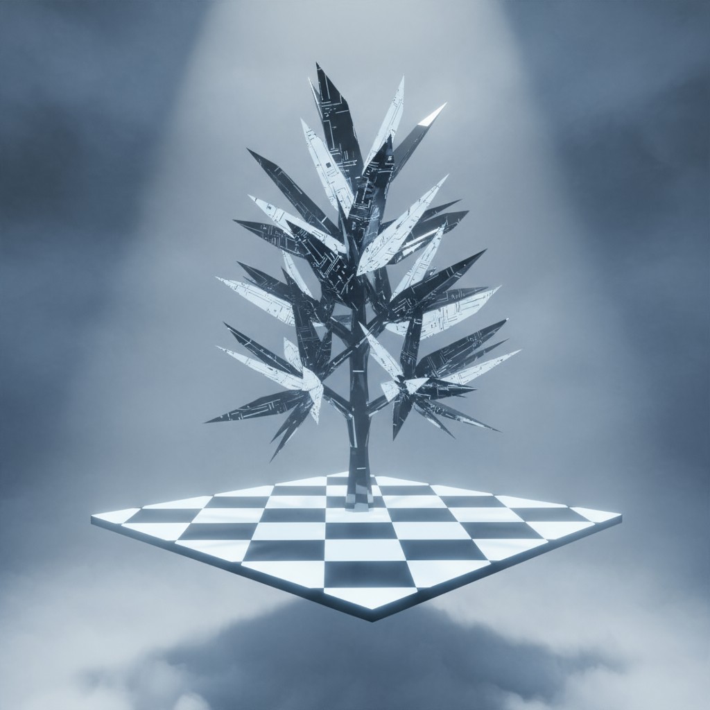 A futuristic tree balancing in a checkered cloud, set against a foggy backdrop. The tree's metal body is adorned with wing...