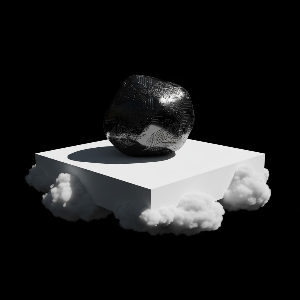 A 3D model of a round black vase sits on a floating white platform, surrounded by fluffy white clouds, set against a stark...
